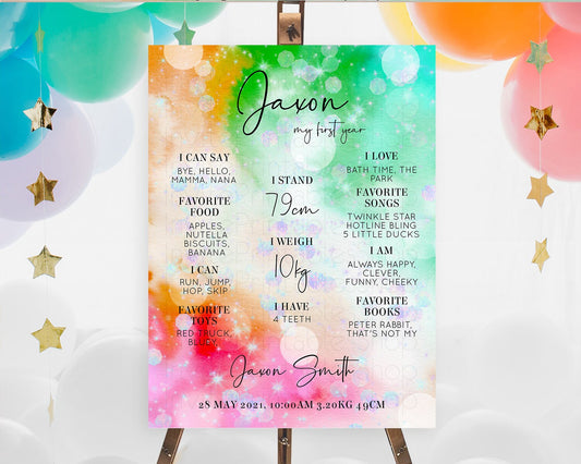 Rainbow First Birthday Milestone Poster Colorful Pastel Watercolor Iridescent Sprinkles Ombre Pastel Milestone Board First Birthday D10691