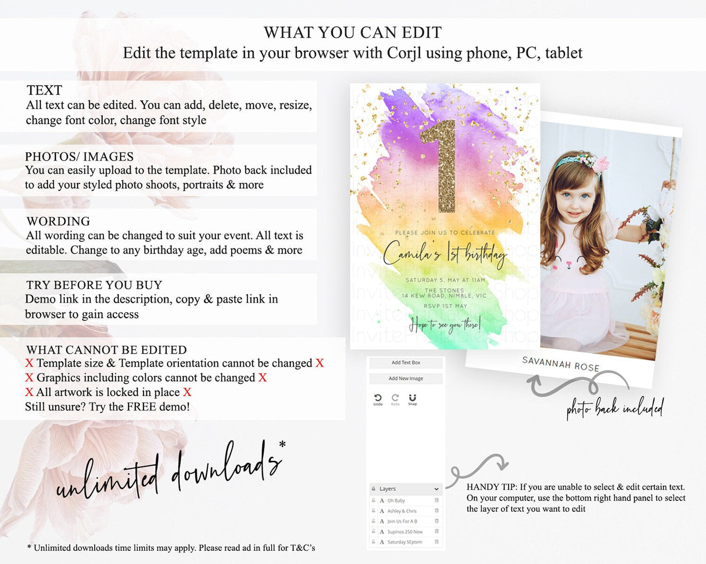 Rainbow Birthday Invitation Colorful Pastel Watercolor Invitation Gold Glitter Sprinkles Ombre Pastel 1st 2nd 3rd Birthday D10518