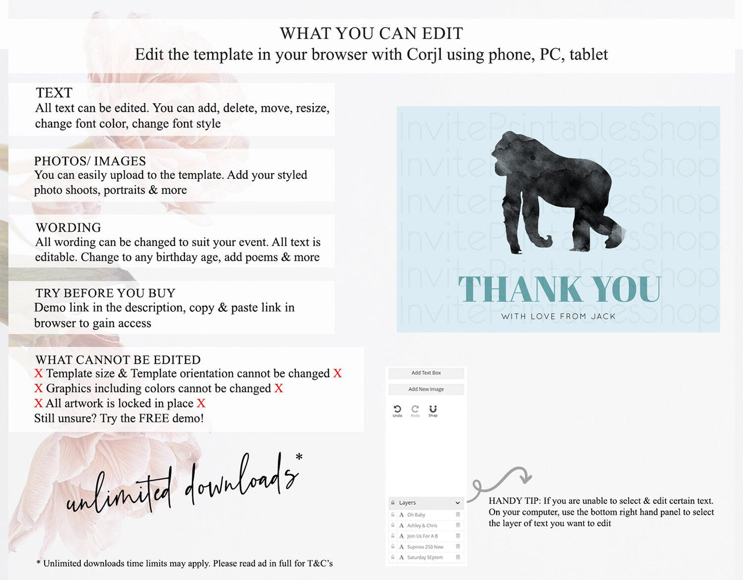 Gorilla Thank You Gorilla Thank You Card Gorilla Party Birthday Thank You Card Safari Card Template Gorilla Teacher Thank You Cards D10799