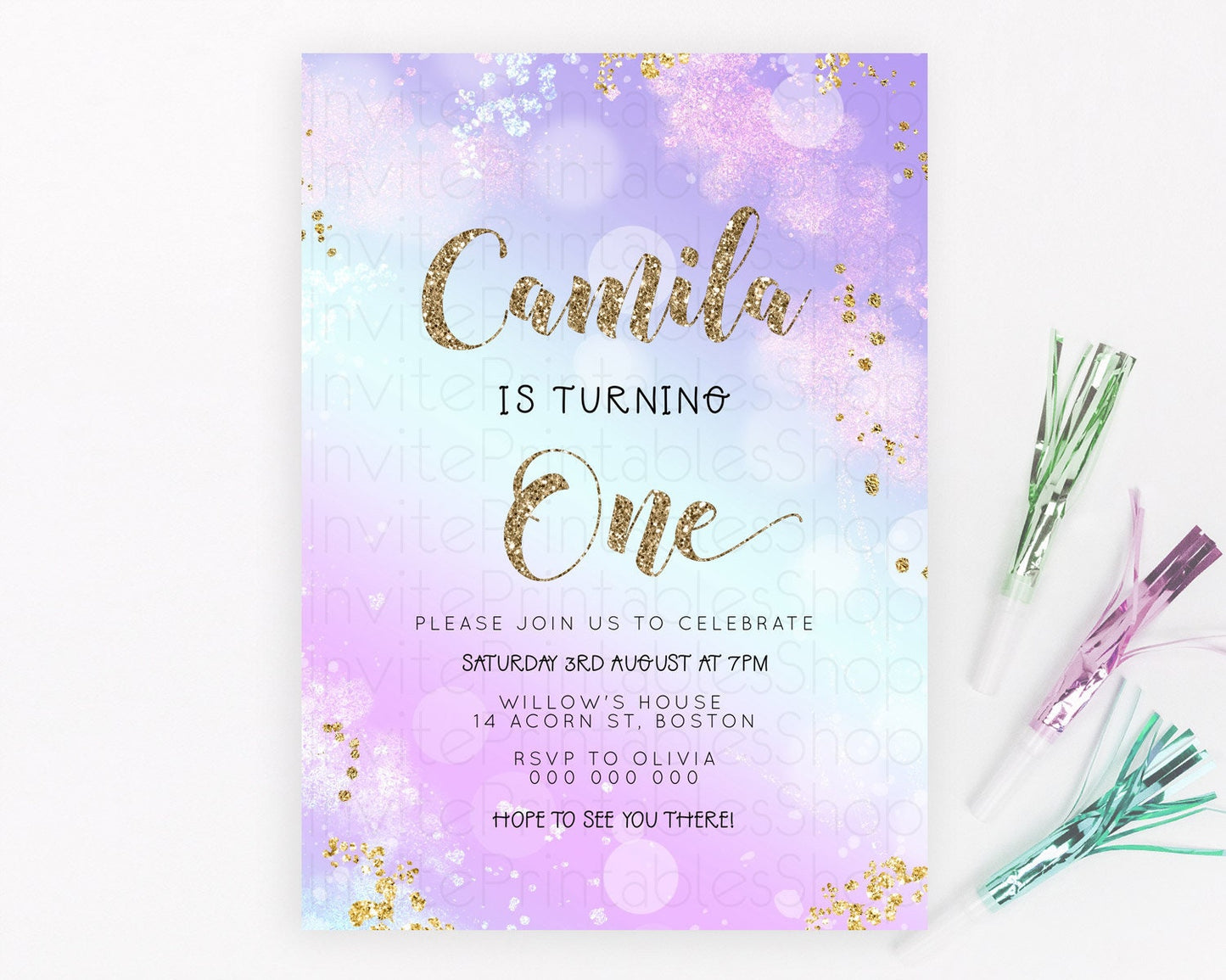 Rainbow Birthday Invitation Colorful Pastel Watercolor Invitation Gold Glitter Sprinkles Ombre Pastel 1st 2nd 3rd Birthday D23130