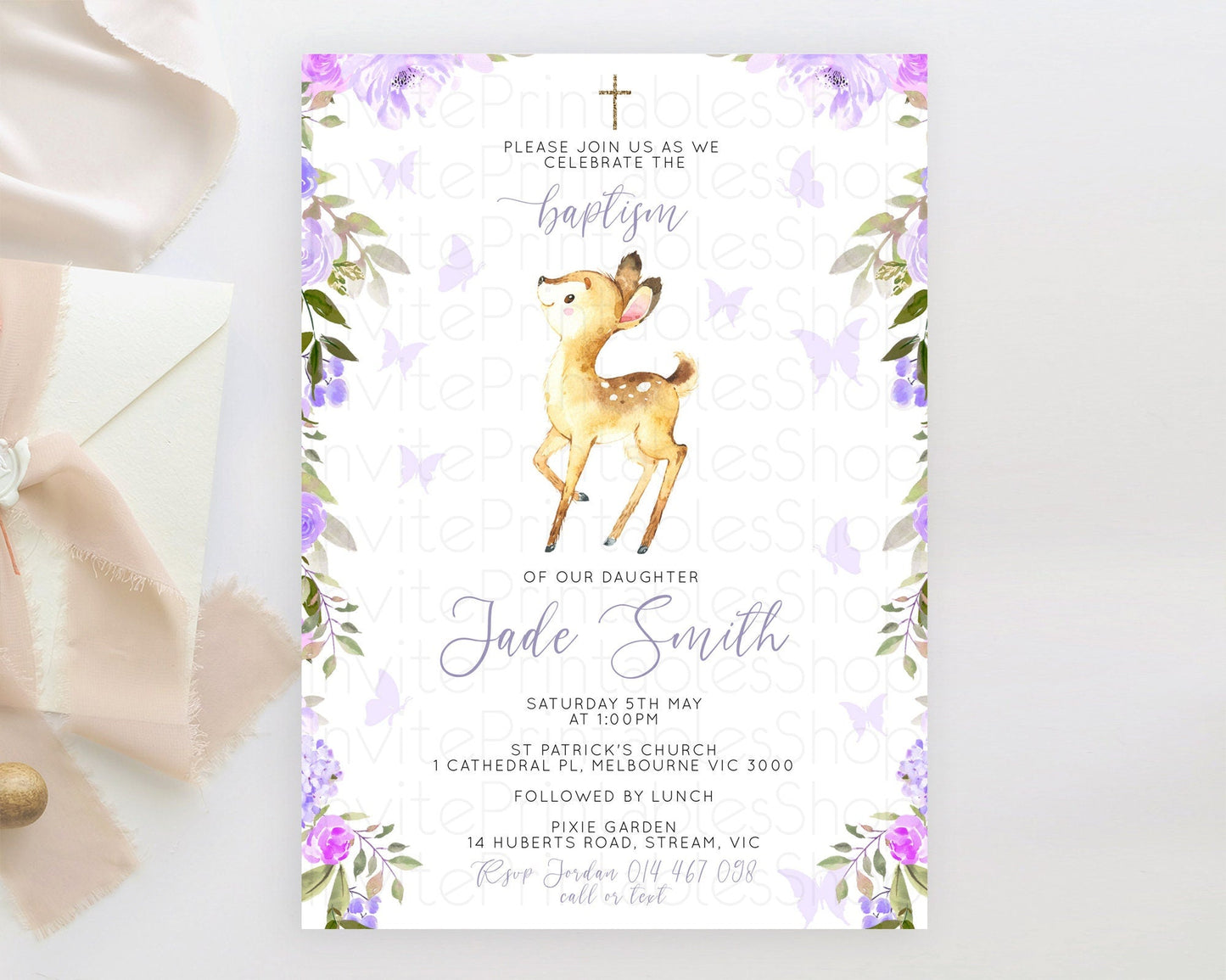 Fawn Baptism Invitation Deer Baptism 1st Birthday Invitation Enchanted Forest Christening Invitation Pastel Garden Butterfly Floral D10916