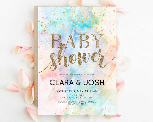 Editable Pastel Rainbow Baby Shower Invitation, Pastel Watercolor, Colorful