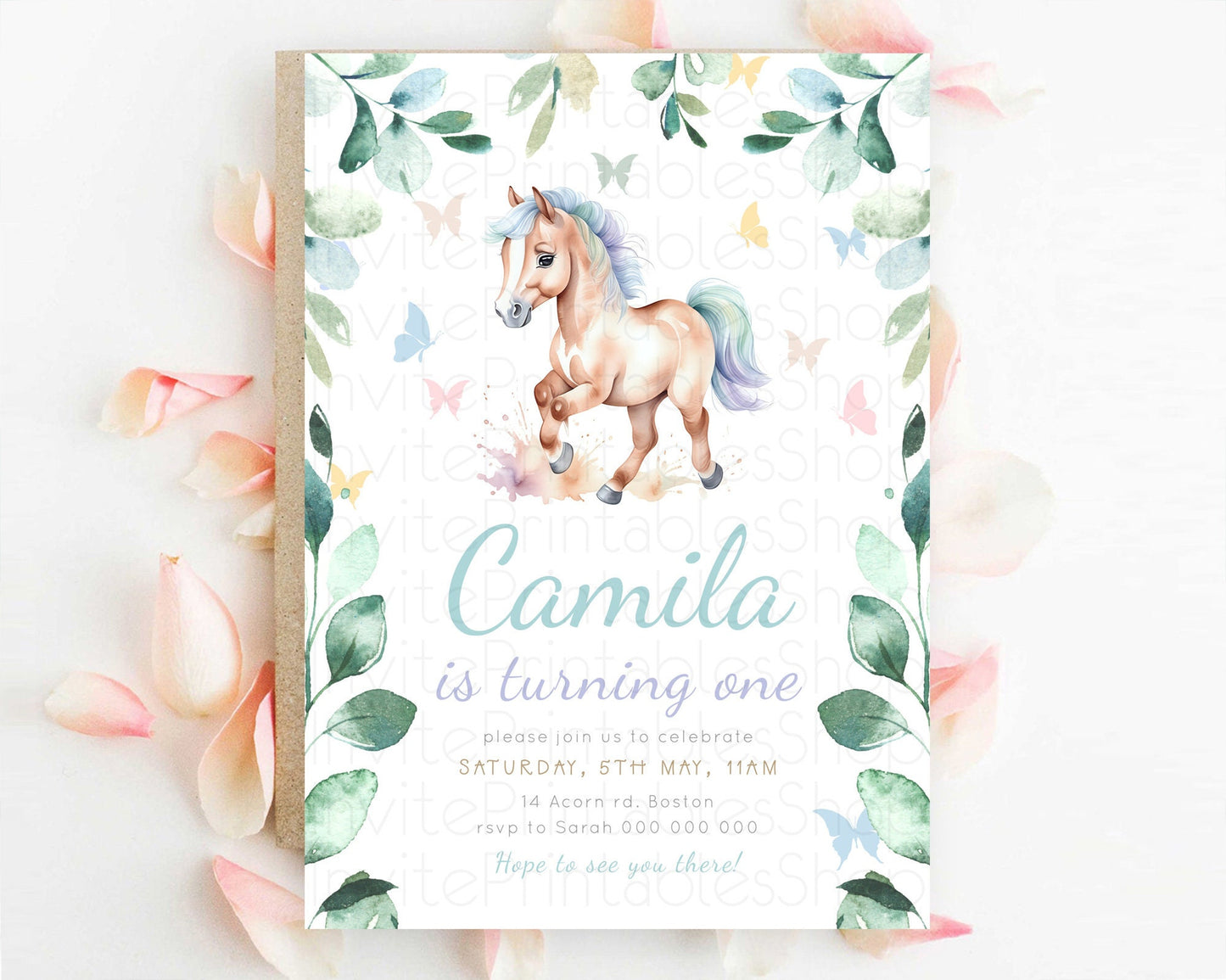 Horse Birthday Invitation, Galloping Wildflower Fields, Pastel Flowers, Butterflies, Flowers Accents for Equestrian & Cowgirls d23388