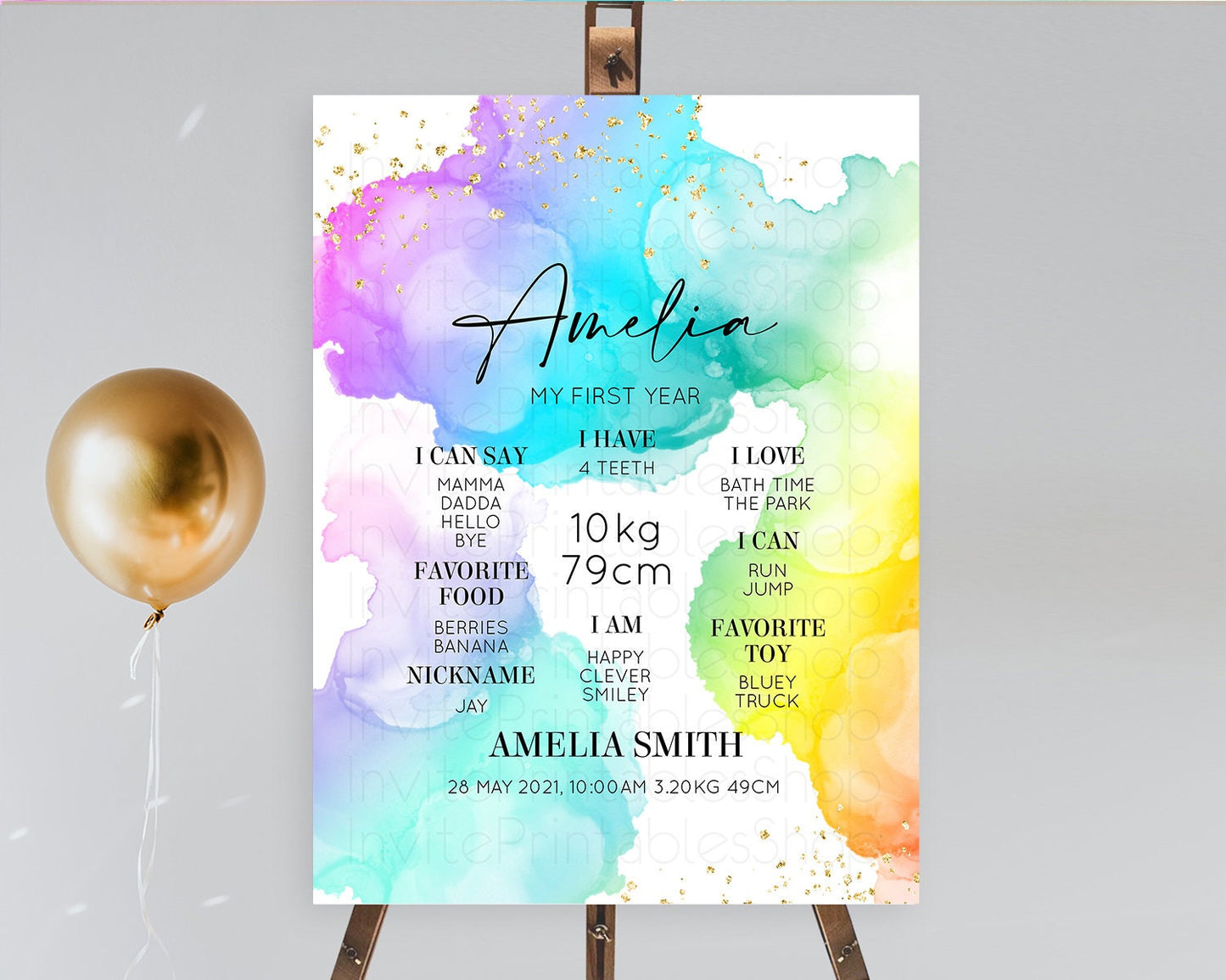 Pastel First Birthday Milestone Board Pastel Rainbow Milestone Poster Colorful Confetti Watercolor Glitter 1st Birthday Welcome Sign D10213