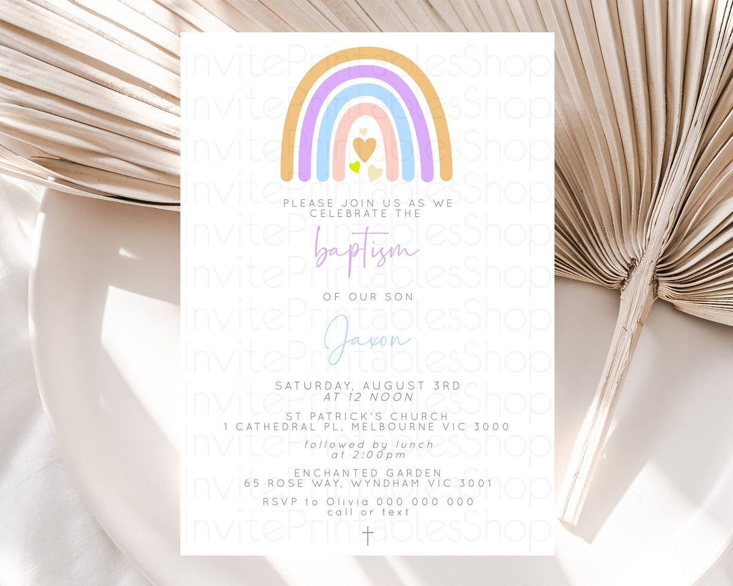Pastel Rainbow Baptism Invitation Boho Rainbow Baptism 1st Birthday Invitation Rainbow Pastel Watercolor Christening Invitation D10238