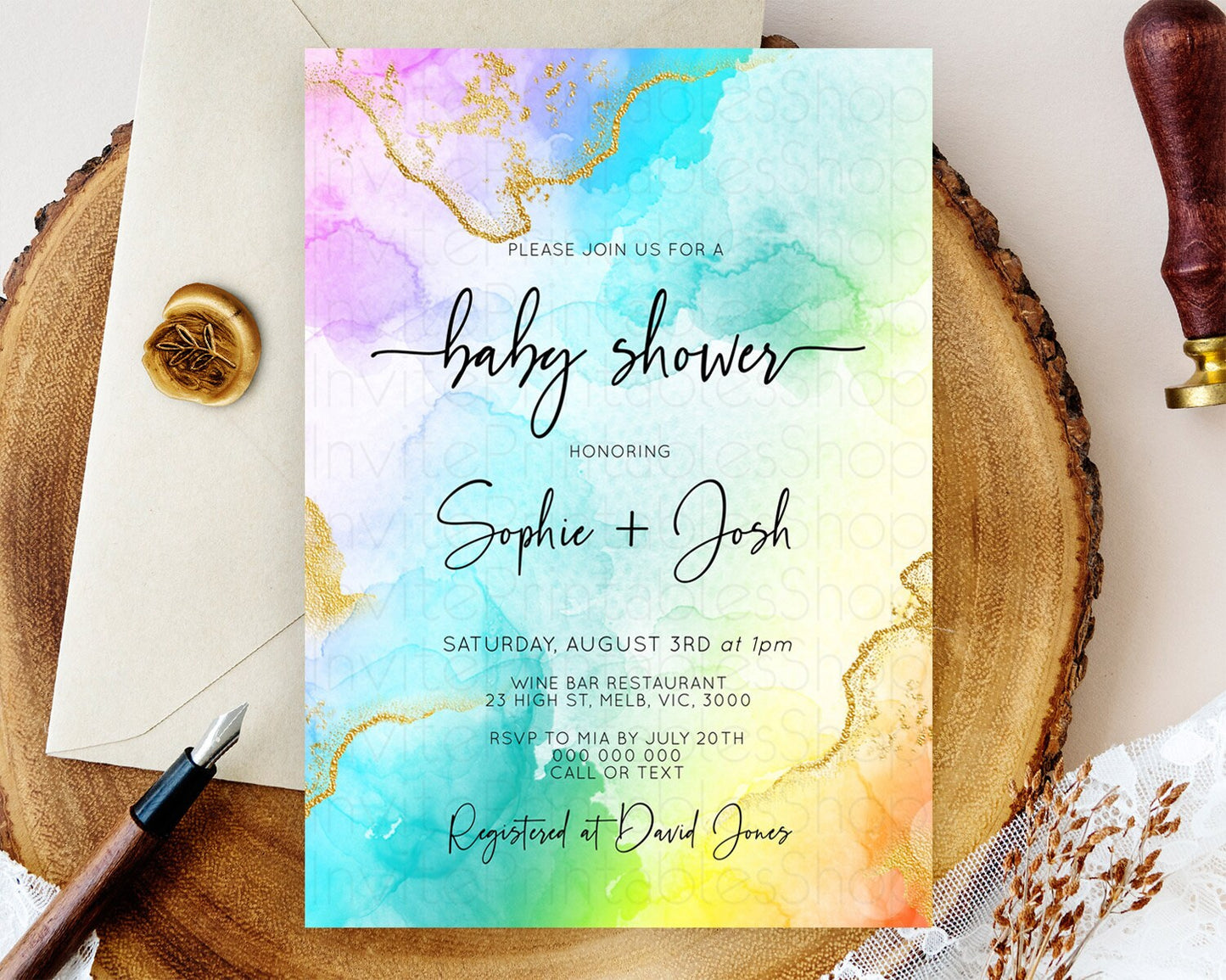 Pastel Baby Shower Invitation Rainbow Baby Shower Invitation Colorful Pastel Watercolor Invitation Gold Glitter Sprinkles Ombre D10390