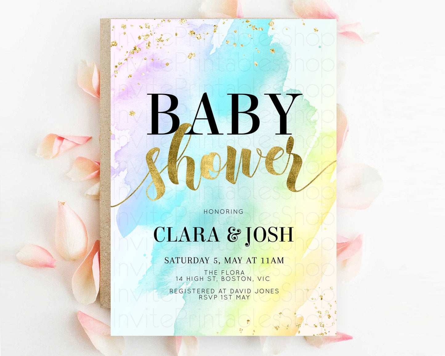 Pastel Baby Shower Invitation Rainbow Baby Shower Invitation Colorful Pastel Watercolor Invitation Gold Glitter Sprinkles Ombre D11026