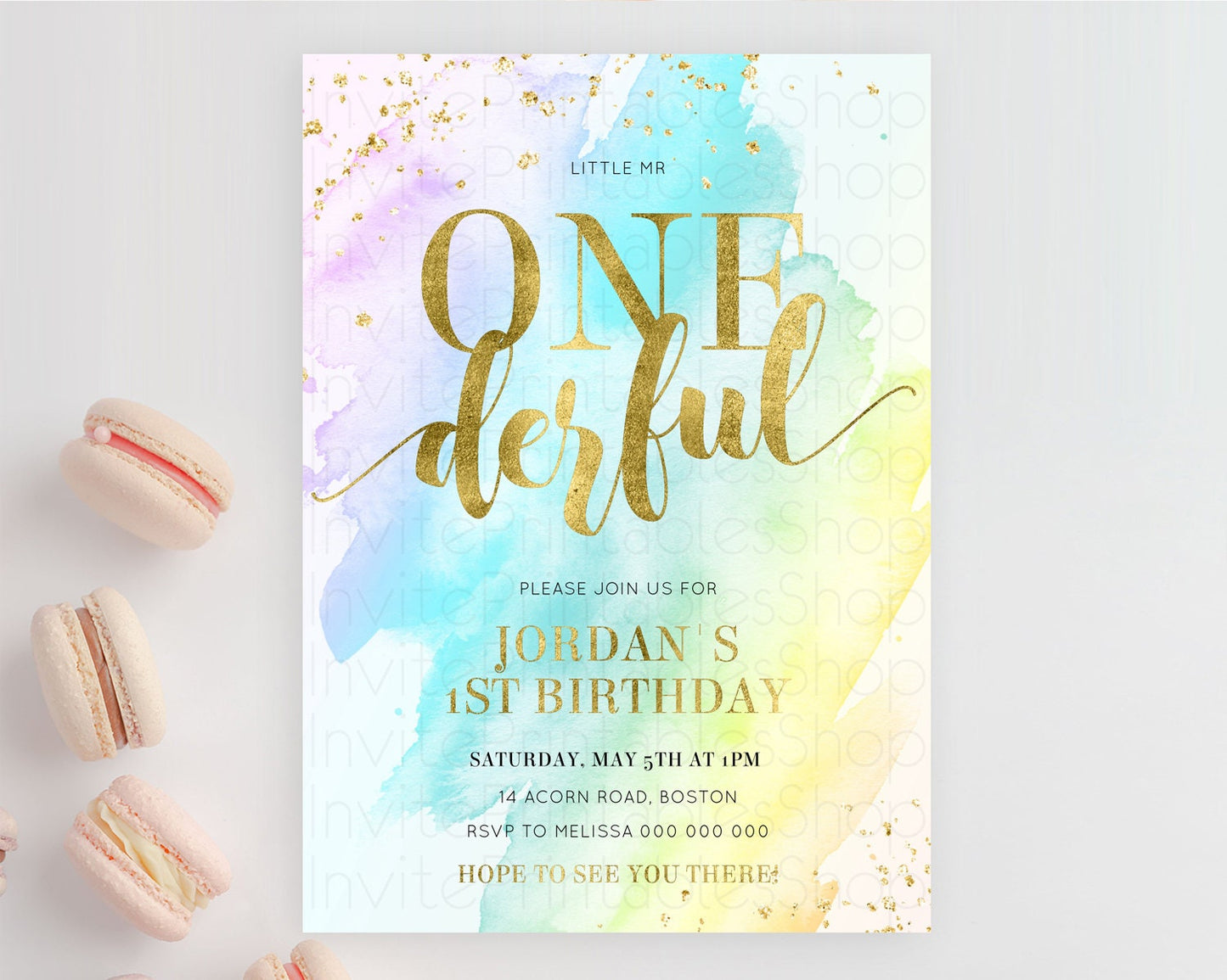 ONEderful Rainbow Birthday Invitation Colorful Pastel Watercolor Invitation Gold Glitter Sprinkles Ombre Pastel 1st Birthday D11026