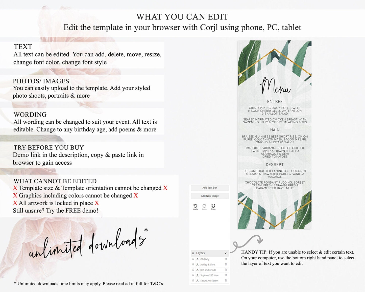 Tropical Menu Template Tropical Menu Palm Leaf Fern Table Decor Frangipani Floral White Orchid Dinner Dessert Menu Party Food Menu D11045