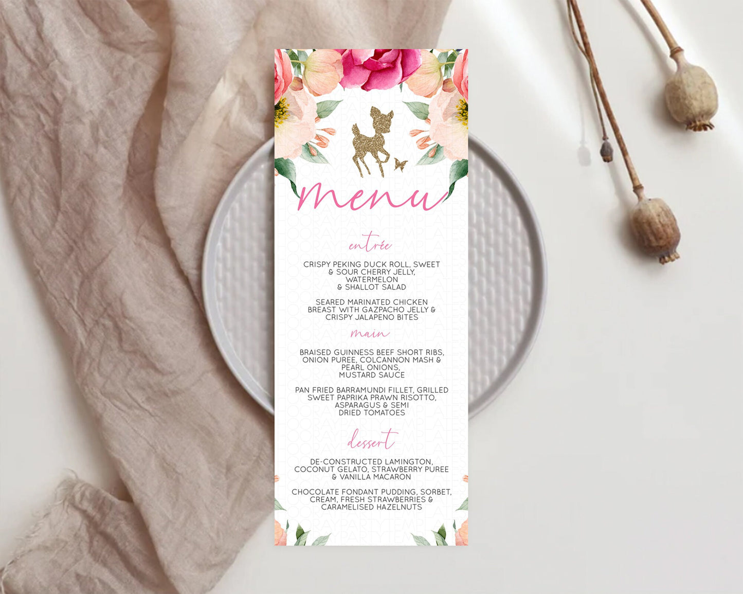 Fawn Menu Deer Menu Template Pastel Floral Deer Table Decor Enchanted Forest Butterfly Floral Dinner Dessert Menu Party Food Menu D10326