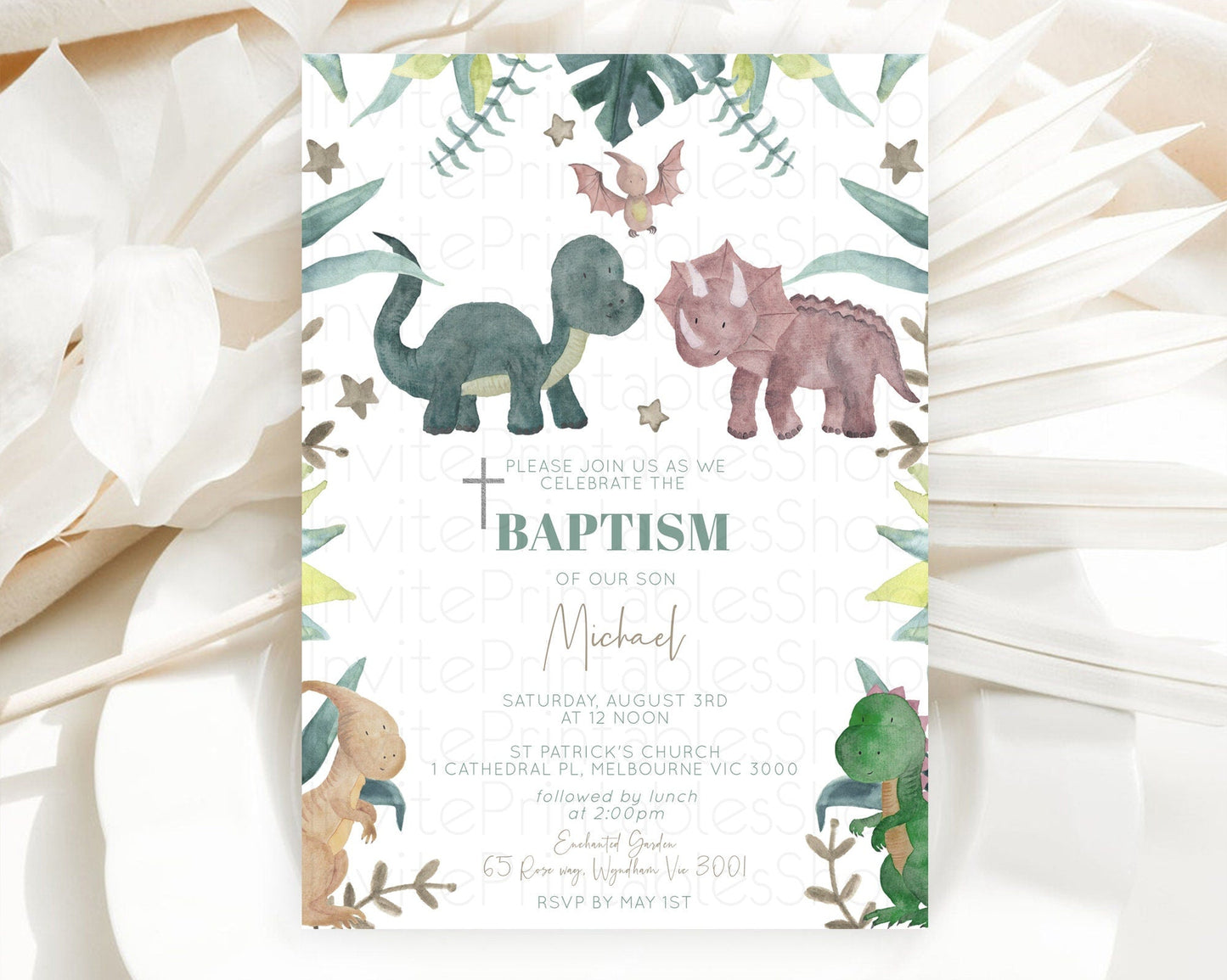 Dinosaur Baptism Invitation Dinosaur Volcano Baptism 1st Birthday Invitation Watercolor T-Rex Raptor Jurassic Christening Invitation D10597