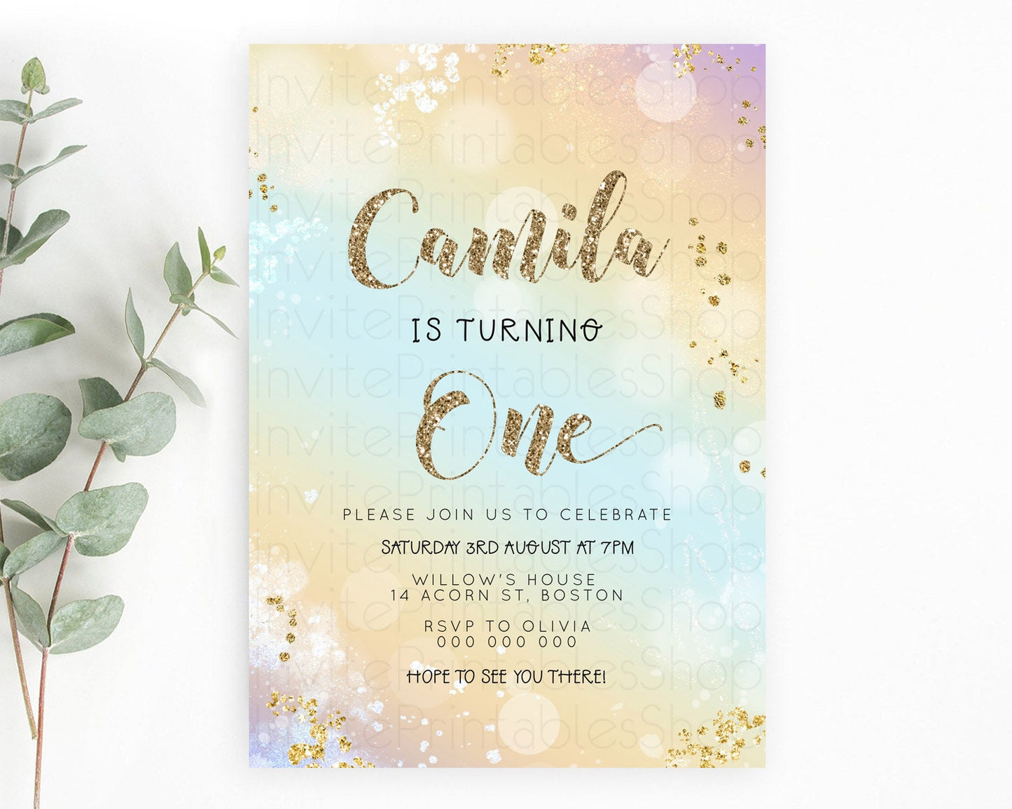 Rainbow Birthday Invitation Colorful Pastel Watercolor Invitation Gold Glitter Sprinkles Ombre Pastel 1st 2nd 3rd Birthday D23123