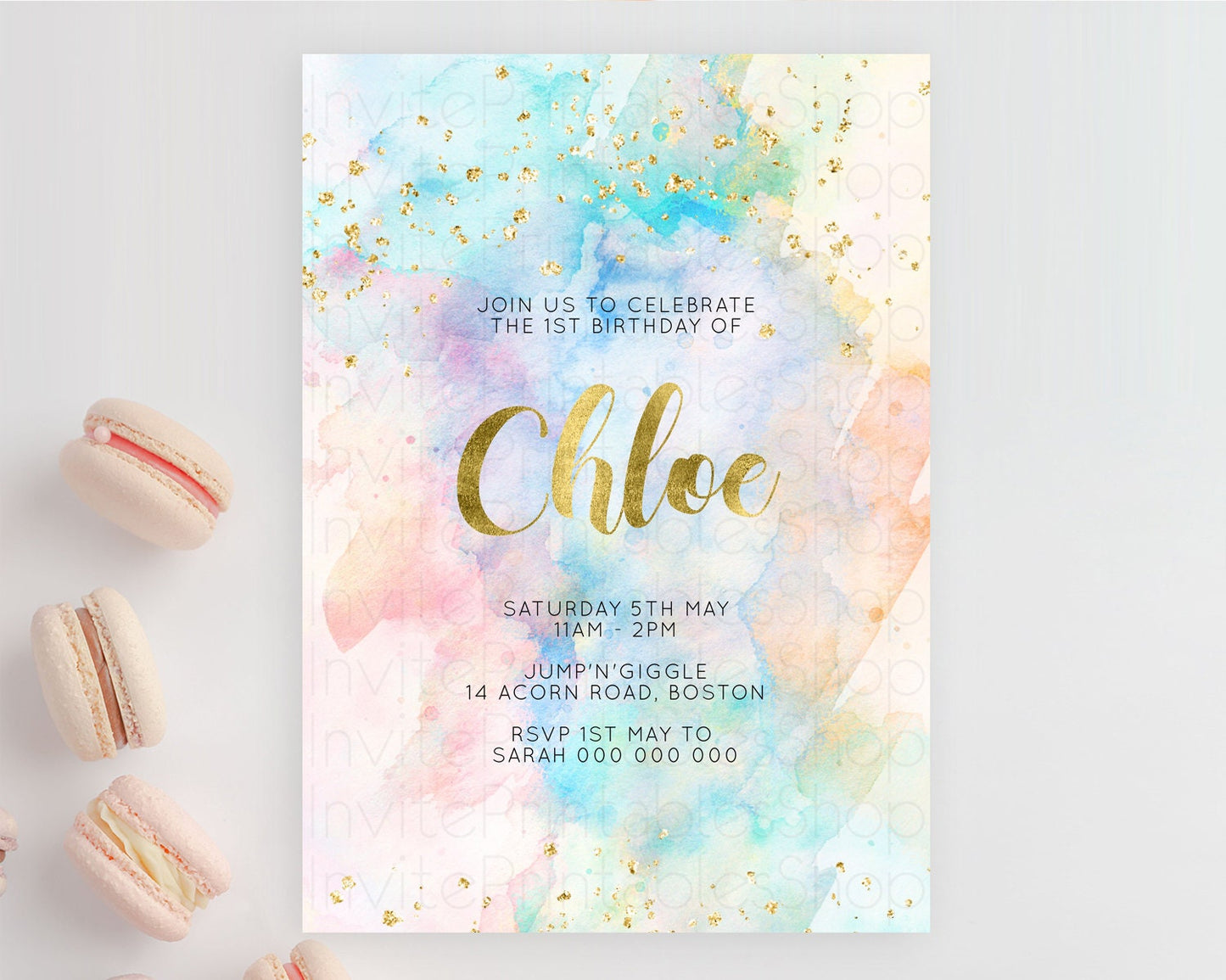 Rainbow Birthday Invitation Colorful Pastel Watercolor Invitation Gold Glitter Sprinkles Ombre Pastel 1st 2nd 3rd Birthday D10272