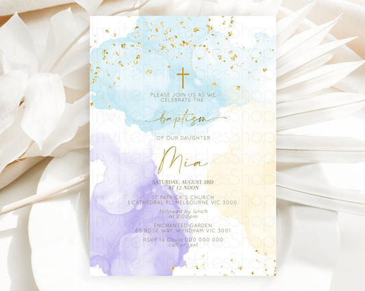 Editable Pastel Baptism Invitation Pastel Colors Watercolor Baptism 1st Birt