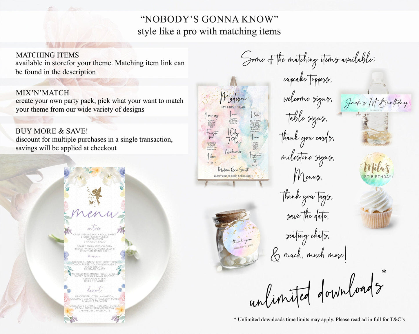 Fairy Menu Fairy Menu Template Enchanted Garden Pastel Floral Butterfly Table Decor Fairy Secret Garden Dinner Dessert Food Menu D10761