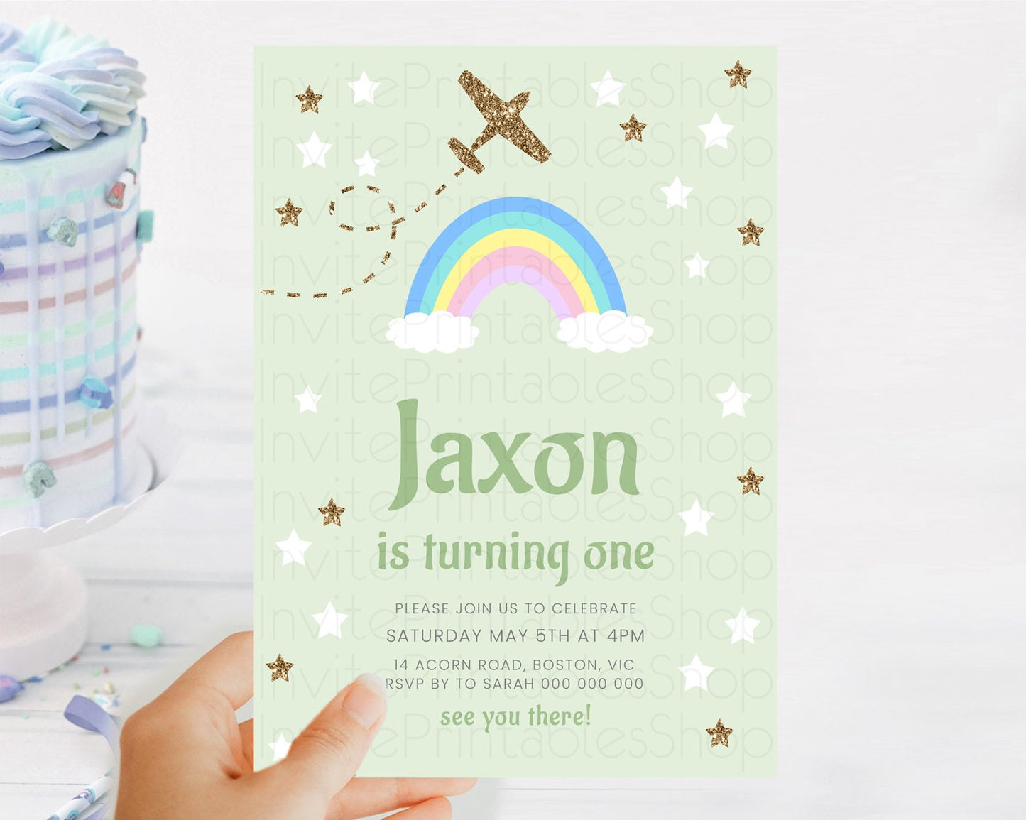 Plane Birthday Invitation Plane Invite Pastel Rainbow Clouds Stars Party Adventure Awaits Up Up Away Glitter 2nd 1st First Birthday D10293