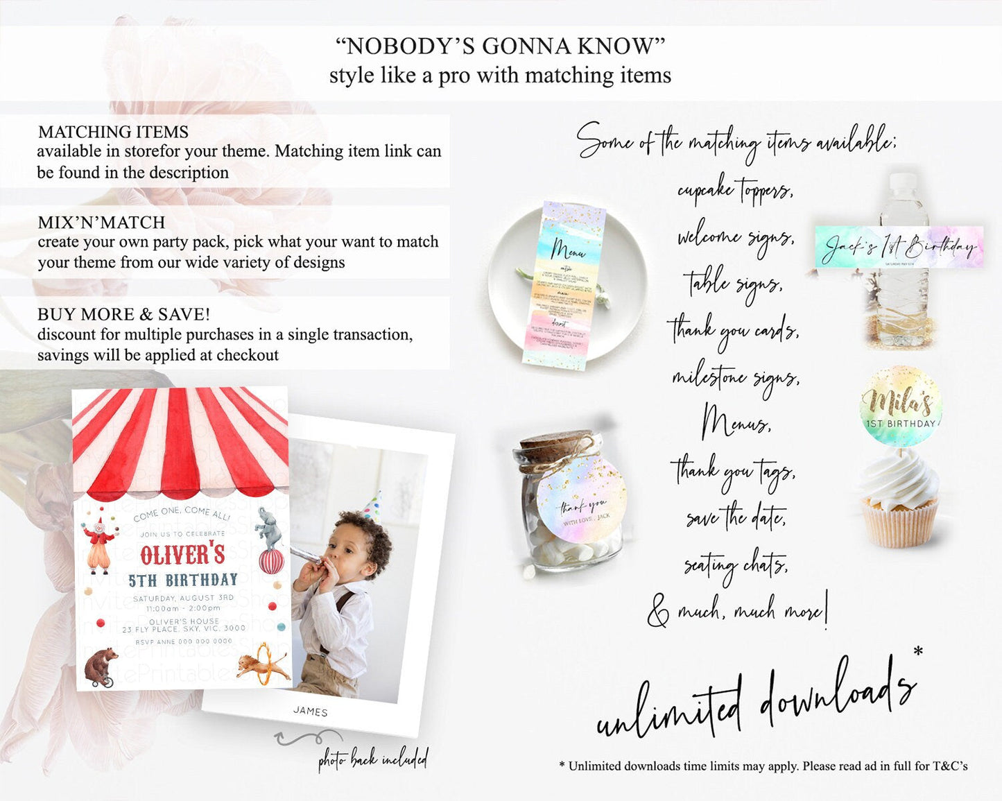 Vintage Circus Birthday Invitation | Carnival Fun | Clown, Lion, Elephant | Circus Tent Design D10533