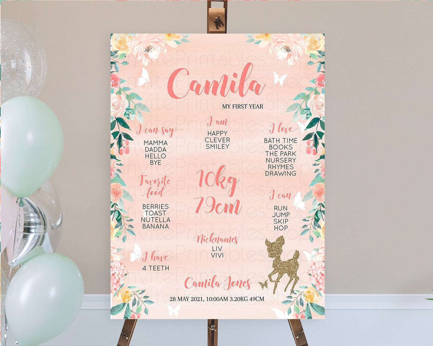 Fawn First Birthday Milestone Board Deer First Birthday Milestone Poster Enchanted Forest Butterfly Pastel Flowers 1st Birthday Sign D10873