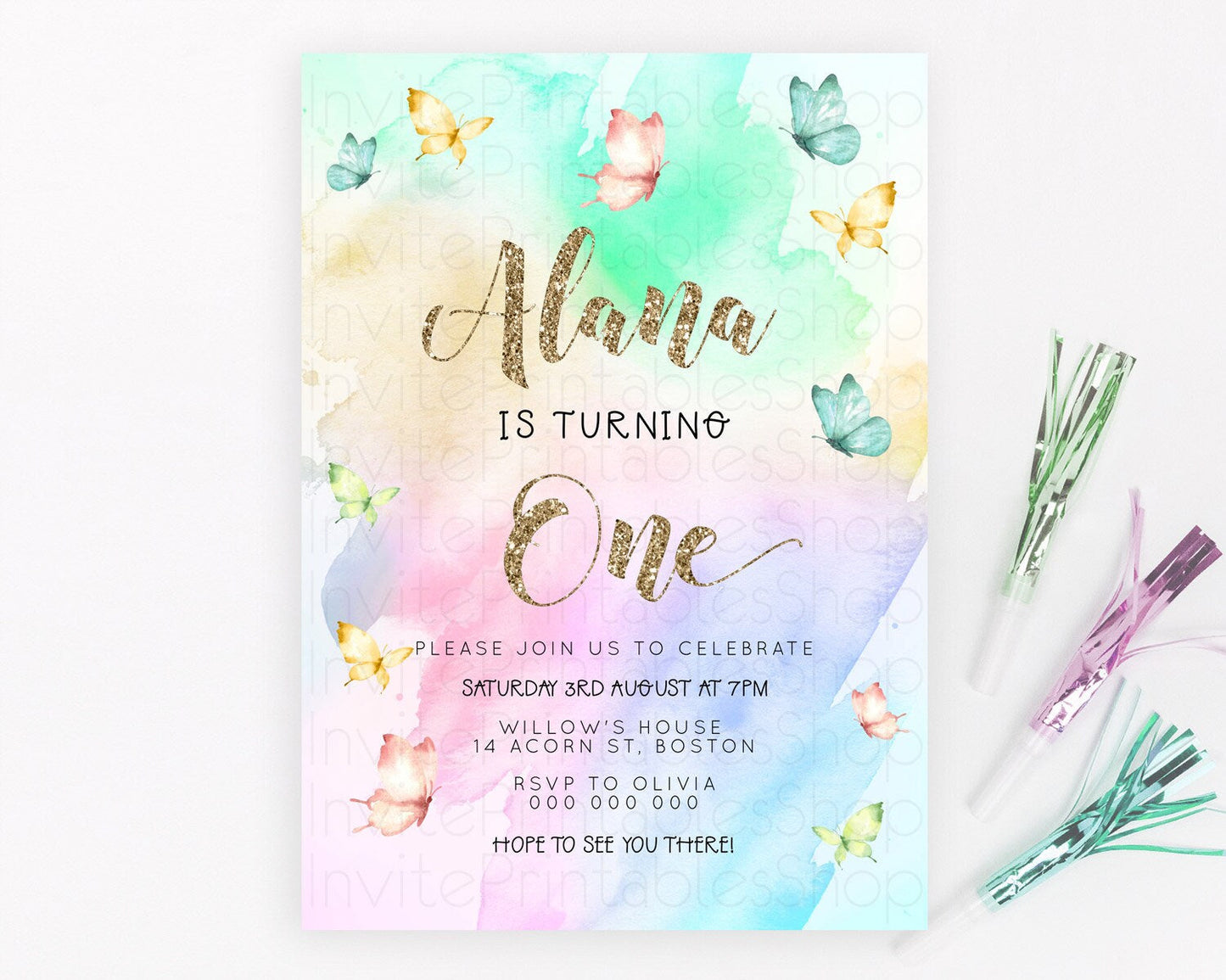 Pastel Butterfly Birthday Invitation Butterfly Birthday Invitation Colorful Splash Glitter Butterfly Garden 1st 2nd Birthday D23259