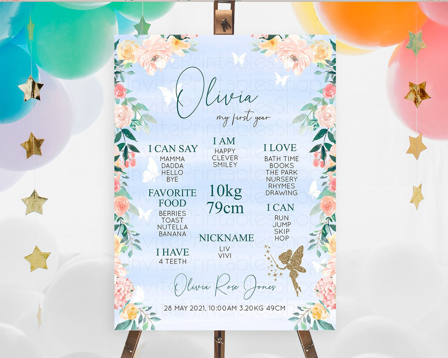 Fairy First Birthday Milestone Poster Fairy Secret Garden Milestone Board Enchanted Garden Pastel Floral Butterfly 1st Birthday Sign D10794