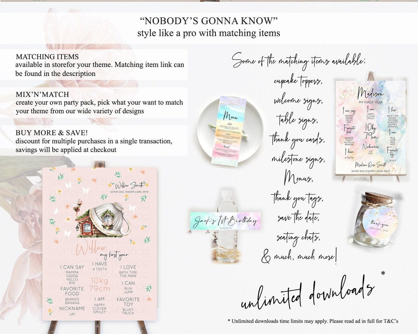Fairy First Birthday Milestone Poster Fairy Secret Garden Milestone Board Enchanted Garden Pastel Floral Butterfly 1st Birthday Sign D10384