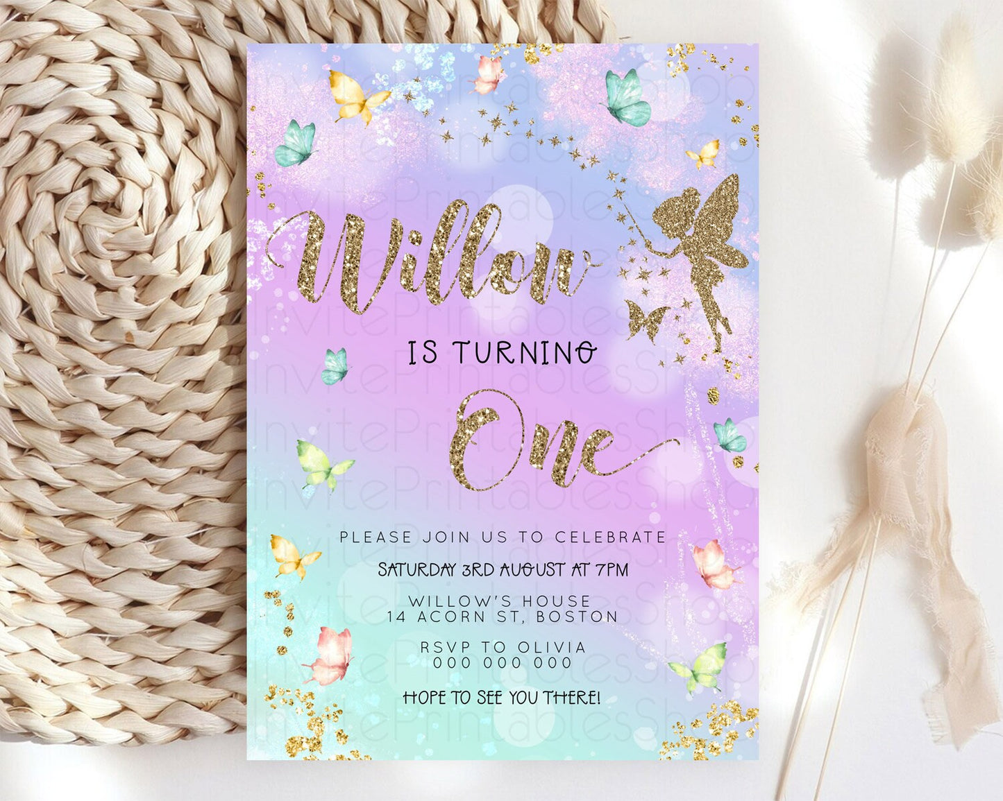 Pastel Fairy Birthday Invitation Pastel Butterflies Fairy Birthday Invitation Rainbow Ombre Watercolor 1st 2nd Birthday Invitation D23163