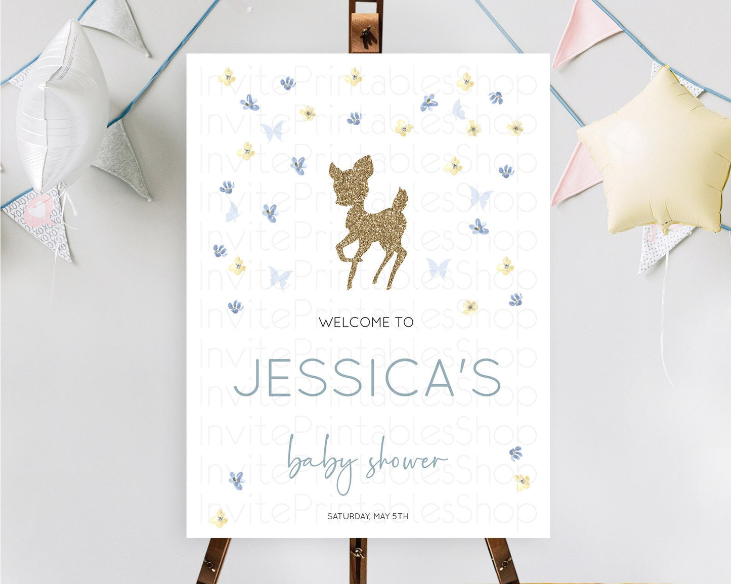 Fawn Baby Shower Welcome Sign Deer Welcome Board Floral Deer Welcome Poster Enchanted Forest Butterfly Pastel Floral Welcome Sign D10864