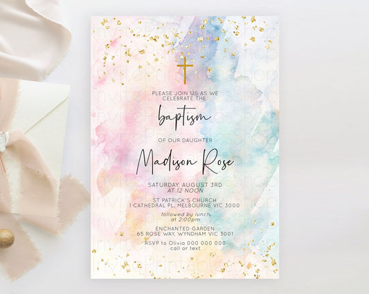 Editable Pastel Baptism Invitation Pastel Colors Watercolor Baptism 1st Birt