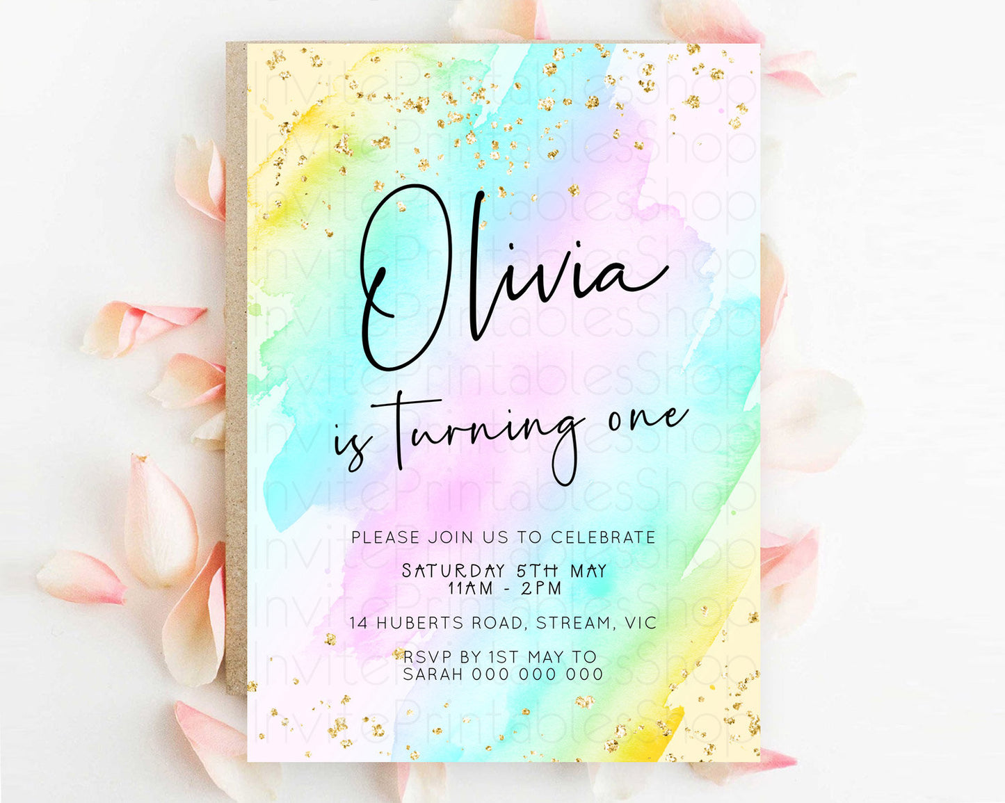 Pastel Birthday Invitation Ombre Watercolor Birthday Invitation Glitter Rainbow Color Splash 1st 2nd 3rd Birthday Invitation D23054