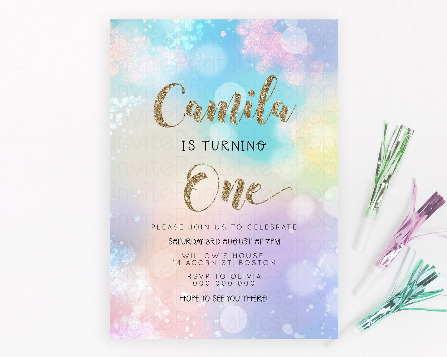 Rainbow Birthday Invitation Colorful Pastel Watercolor Invitation Gold Glitter Sprinkles Ombre Pastel 1st 2nd 3rd Birthday D23129