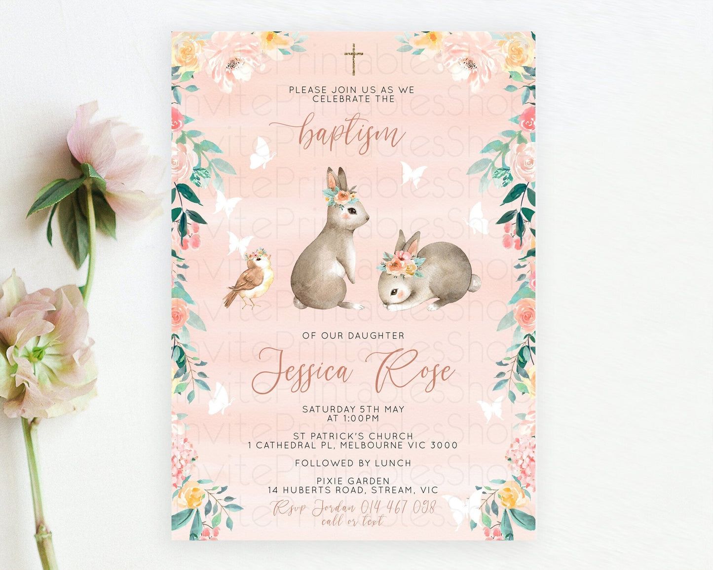 Bunny Baptism Invitation Floral Bunny Baptism 1st Birthday Invitation Pastel Bunny Christening Invite Watercolor Forest Bunny Party D10922