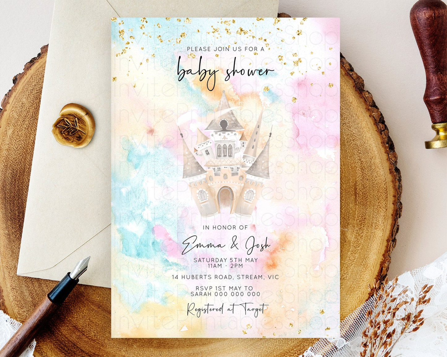 Princess Baby Shower Princess Invitation Pastel Watercolor Invitation Royal Baby Invitation Rainbow Colorful Enchanted Castle D11029