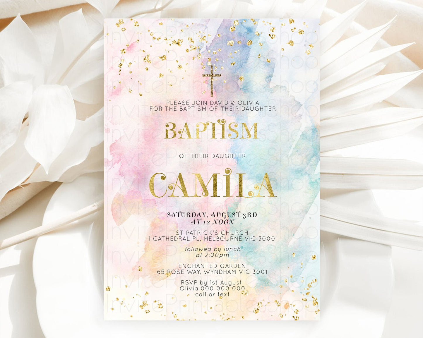 Pastel Baptism Invitation Pastel Colors Watercolor Baptism 1st Birthday Party Gold Ombre Pastel Rainbow Christening Holy Communion D10835