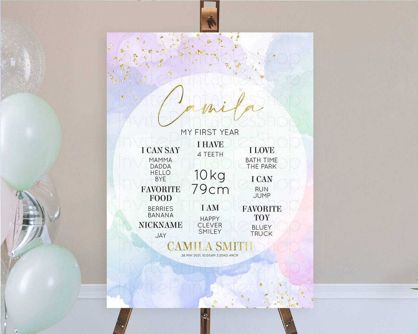 Pastel First Birthday Milestone Board Pastel Rainbow Milestone Poster Colorful Confetti Watercolor Glitter 1st Birthday Welcome Sign D10624