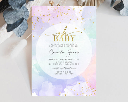 Editable Pastel Baby Shower Invitation Rainbow Baby Shower Invitation Waterc