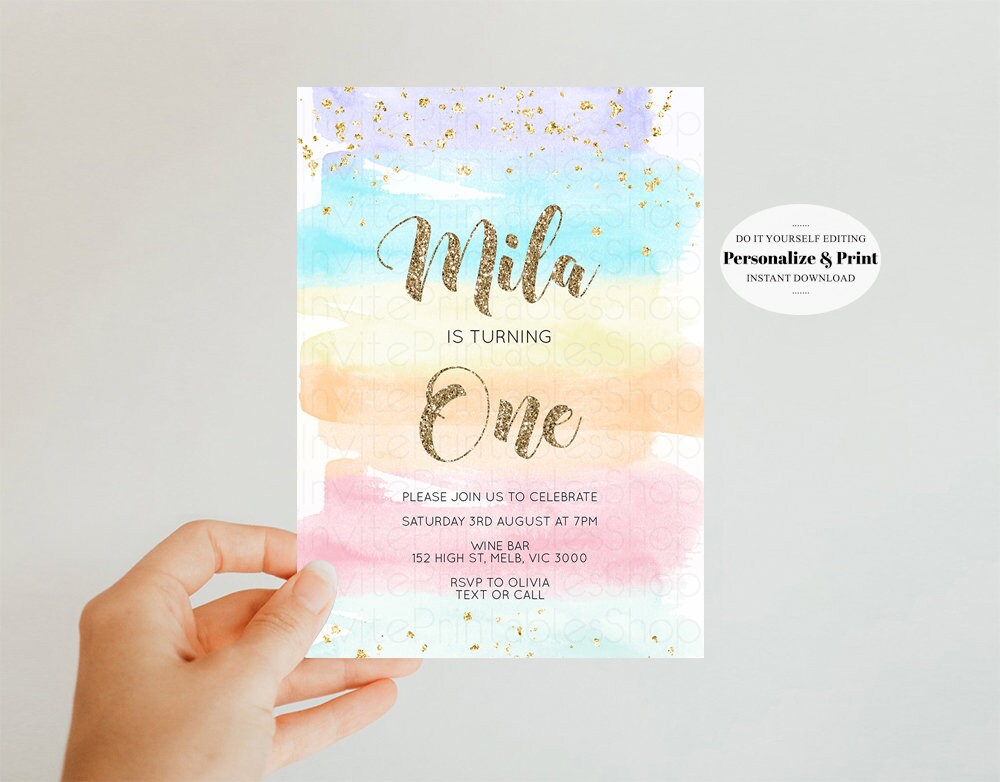 Rainbow Birthday Invitation Pastel Birthday Invitation Colorful Watercolor Invite Ombre Pastel Invitation Gold Glitter Sprinkles Invite 525