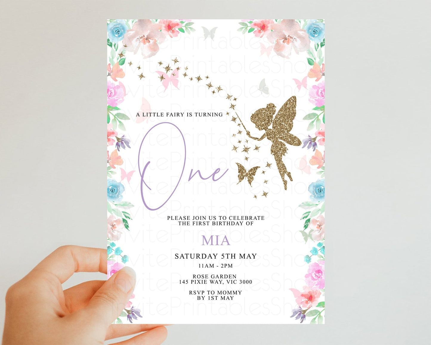 Fairy Birthday Invitation Glitter Fairy Invite Enchanted Garden Fairy Invite Pastel Floral Invite Butterfly Garden Invite 1st 2nd P113