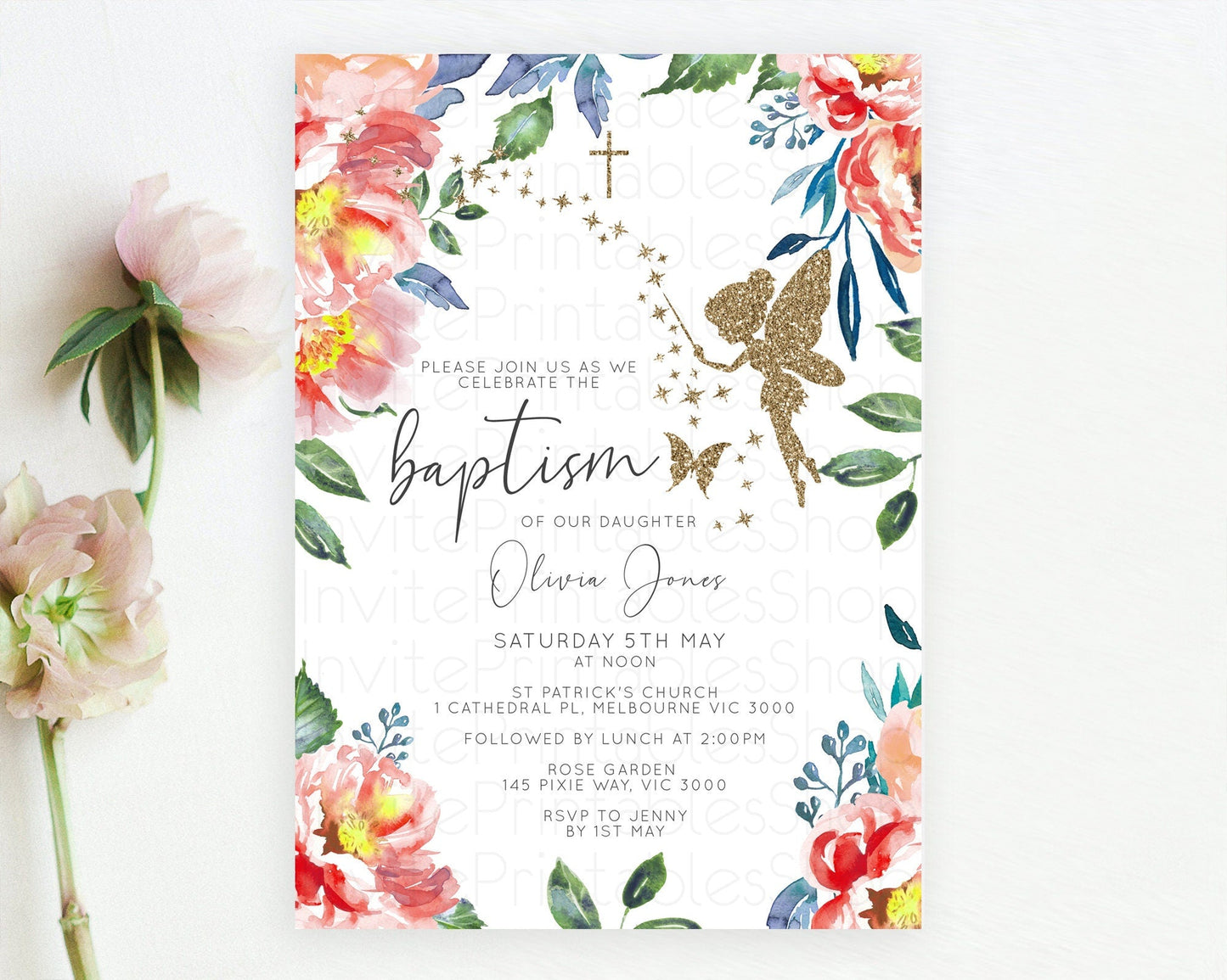 Fairy Baptism Invitation Fairy Baptism 1st Birthday Invitation Enchanted Secret Garden Christening Invite Pastel Floral Butterfly D10752