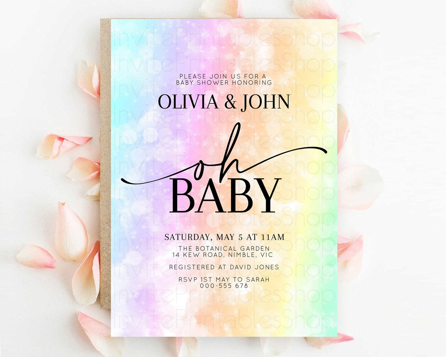 Pastel Baby Shower Invitation Rainbow Baby Shower Invitation Colorful Pastel Watercolor Invitation Gold Glitter Sprinkles Ombre D10647