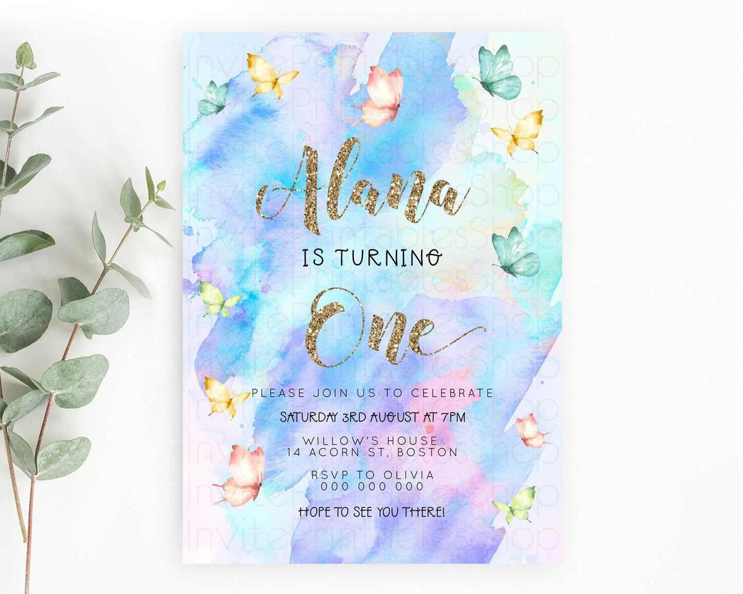 Pastel Butterfly Birthday Invitation Butterfly Birthday Invitation Colorful Splash Glitter Butterfly Garden 1st 2nd Birthday D23245