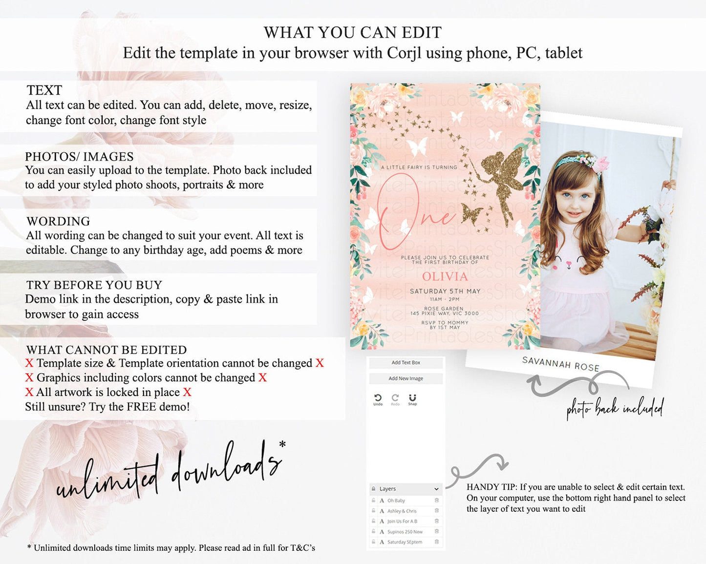 Fairy Birthday Invitation Fairy Invites Fairy Tea Party Fairy Garden Birthday Secret Garden Enchanted Garden Pastel Floral Butterfly D10792