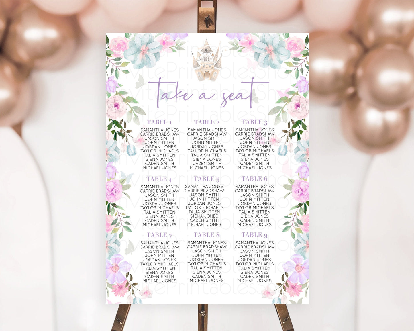 Princess Seating Chart Castle Seating Chart Royal Princess Décor Fairy Tale Enchanted Castle Pastel Floral Garden Table Number Sign D10471