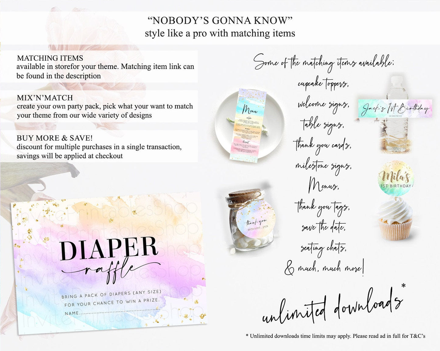 Pastel Diaper Raffle Card Pastel Rainbow Diaper Raffle Insert Colorful Ombre Watercolor Diaper Ticket Confetti Glitter Raffle Game D10175