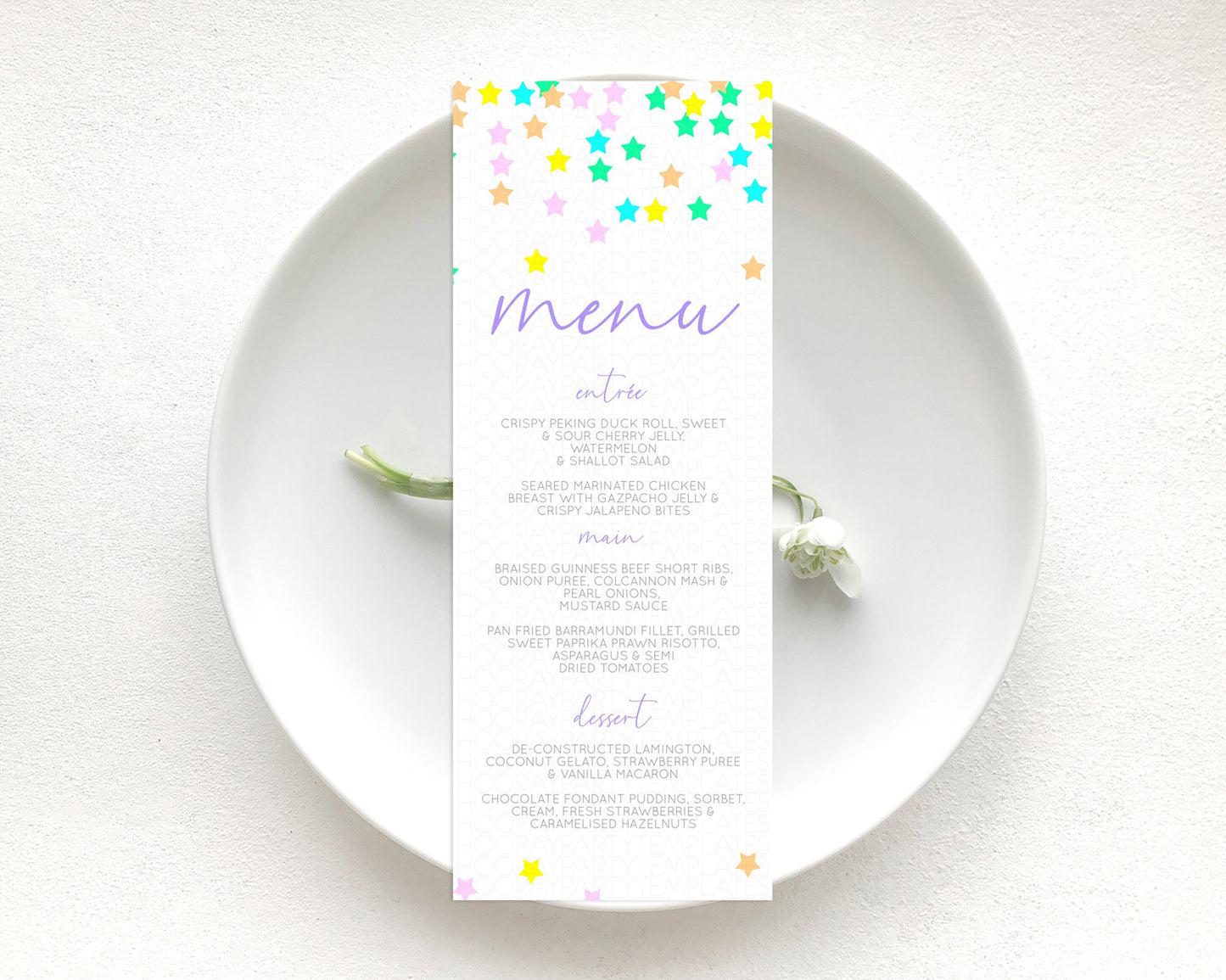 Star Menu Template Pastel Stars Menu Shooting Star Twinkle Little Star Decor Rainbow Colorful Confetti Dinner Dessert Food Menu D10394