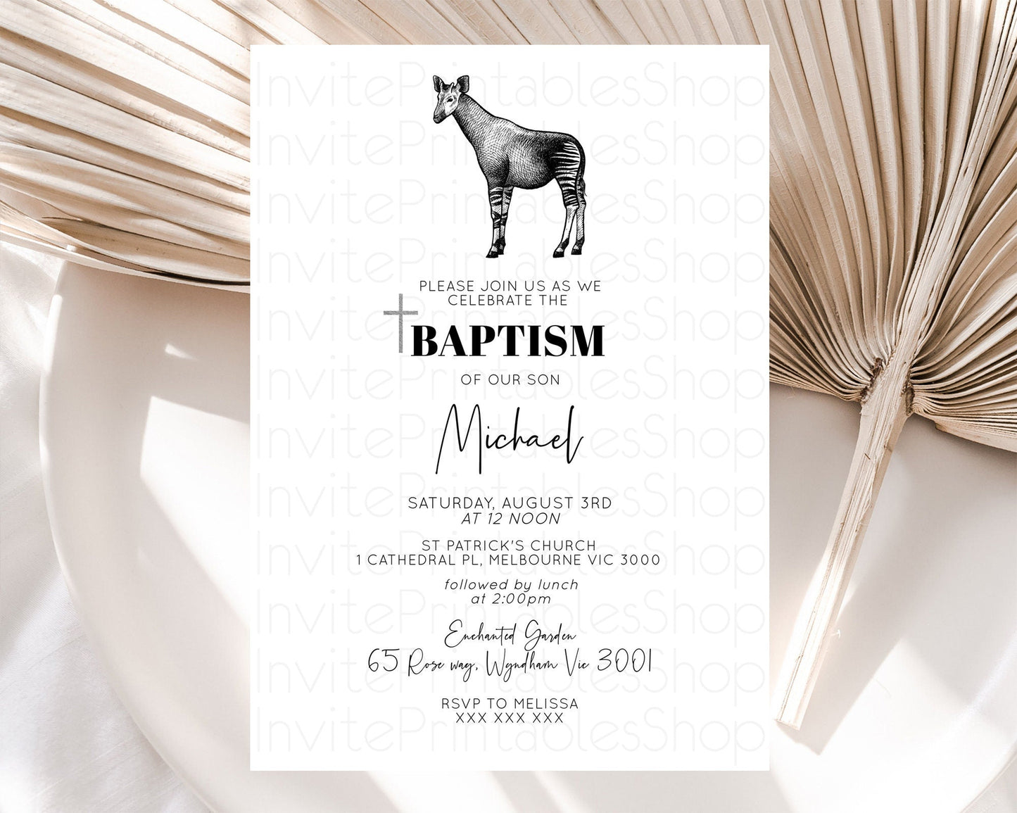 Okapi Baptism Invitation Okapi Baptism 1st Birthday Invitation Okapi Safari Adventure Christening Palm Leaf Zoo Holy Communion D10283