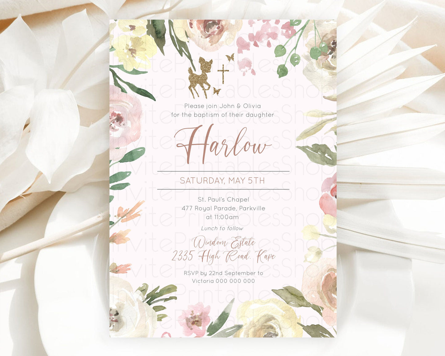 Fawn Baptism Invitation Deer Baptism 1st Birthday Invitation Enchanted Forest Christening Invitation Pastel Garden Butterfly Floral D10193