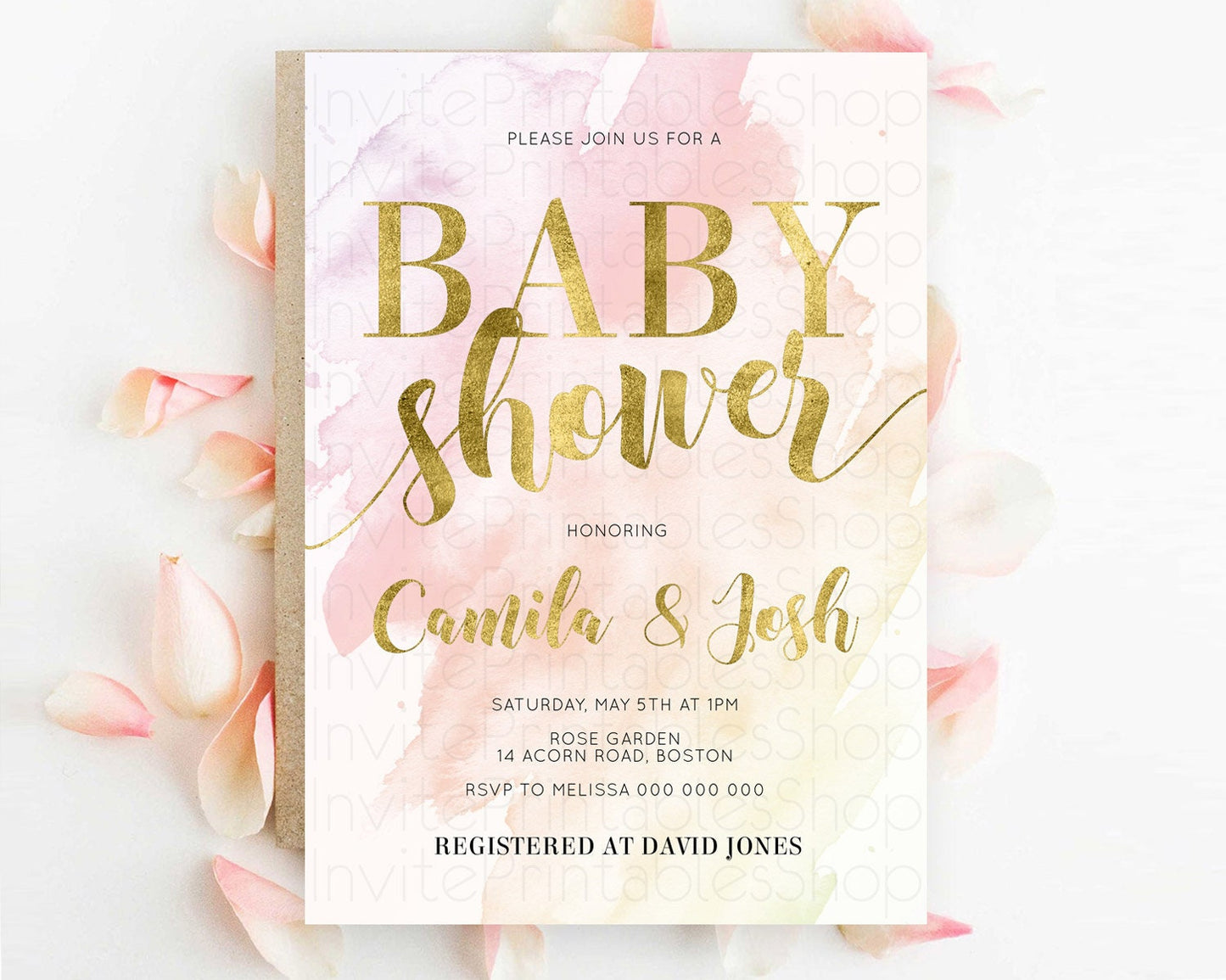 Pink Baby Shower Invitation Pink Watercolor Baby Shower Invitation Pastel Pink Watercolor Invitation Pink Splash Gold Invitation D11025