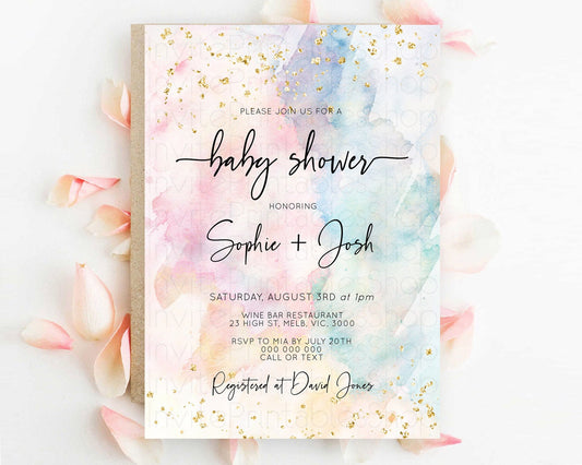 Pastel Baby Shower Invitation Rainbow Baby Shower Invitation Colorful Pastel Watercolor Invitation Gold Glitter Sprinkles Ombre D10276