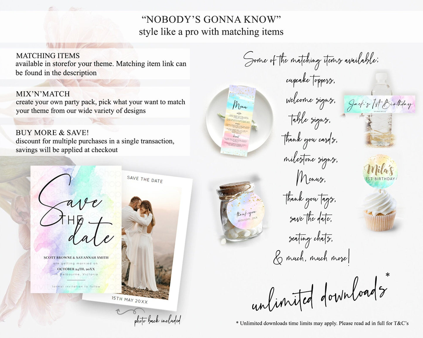 Pastel Save The Date Template Pastel Ombre Rainbow Watercolor Colorful Party For Birthday Baptism Baby Shower Wedding Bridal Shower D10231