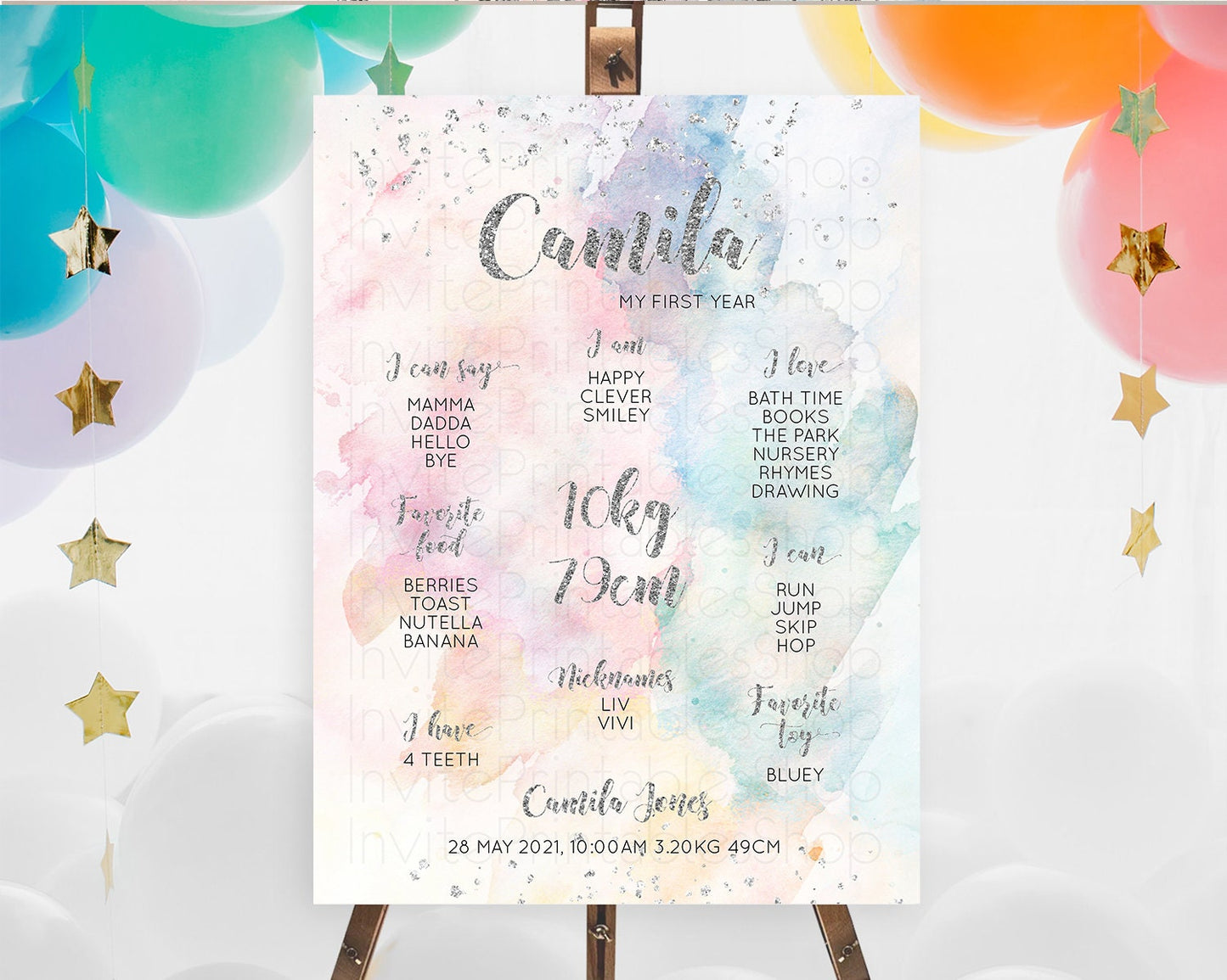 Pastel Rainbow First Birthday Milestone Board Pastel Milestone Poster Colorful Confetti Watercolor Silver 1st Birthday Welcome Sign D10944